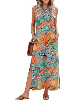 Women's Yhcoconut Summer Maxi Long Dress Sleeveless Side Slit Casual With Pocket